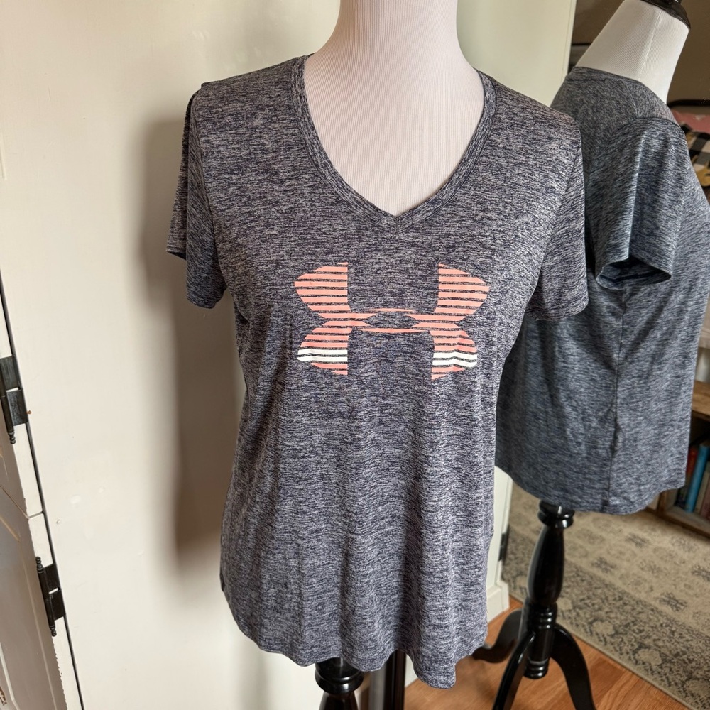 Under Armour Gray Heather V-Neck Tee with Coral Logo
